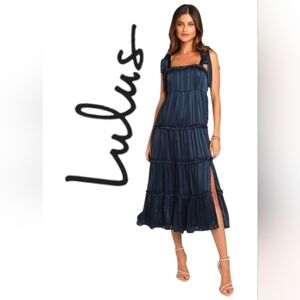 Lulus Day for Romance Navy Blue Tie-Strap Tiered Midi Dress size S